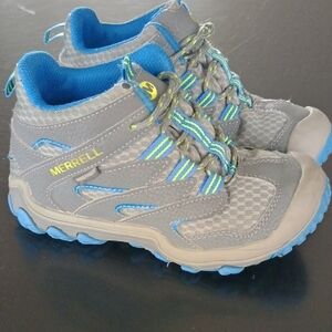 Merrell Kids' Gray Sneakers Blue and Yellow Accents Hiking Boot High top Boots